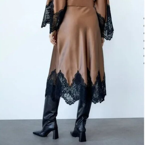 ZARA Lace Trim Satin Midi Skirt - Caramel Brown Size XS - Picture 4 of 10